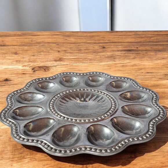 WILTON AARMETALE RWP Pewter "Flutes and Pearls" Egg Plate - 12 Deviled Eggs Tray - Picture 1 of 11